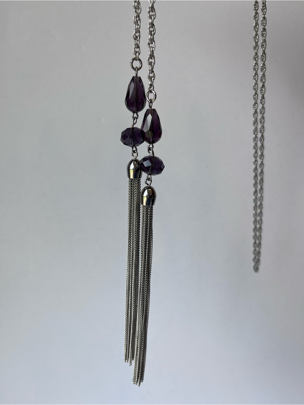 Beautiful Silver Tone Smoky Purple Long Tassel Necklace Lariat